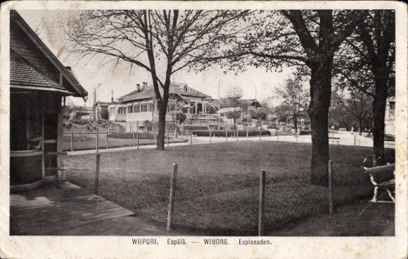 Postcard Wyborg Wiborg Viipuri Russia, meadow, trees, buildings, from text in German