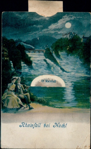 Leporello Postcard Rhine Falls Canton Schaffhausen, waterfall at night, couple in love