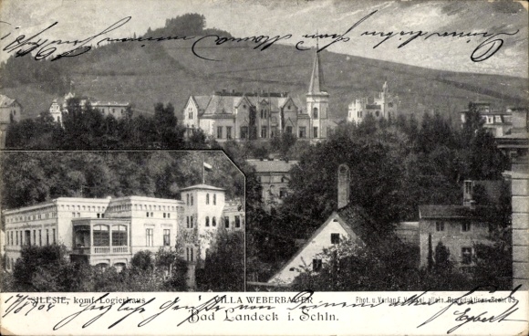 Postcard Lądek Zdrój Bad Landeck Silesia, landscape with buildings, text in German
