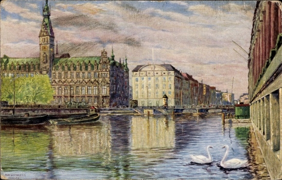 Artist Postcard Ullmann, Max, Hamburg, City Hall with Reichsbank and Little Alster, Swans