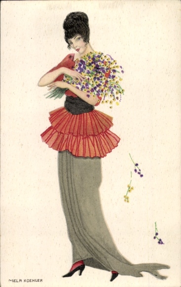Artist Postcard Köhler, Mela, lady with flowers in her arms, BKWI 641-3