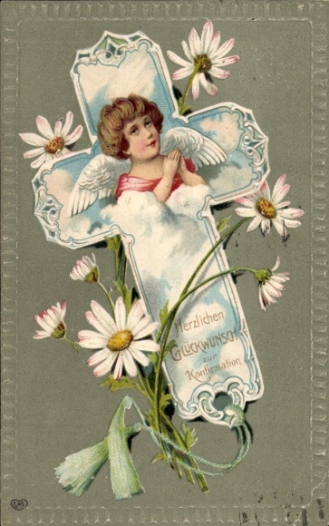 Embossed Postcard Congratulations Confirmation, Angel, Cross, Flowers
