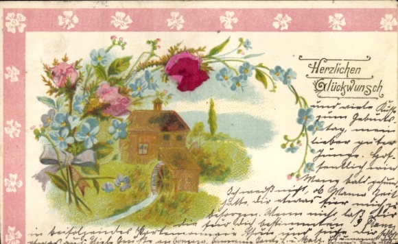 Artist Postcard Congratulations, Village Idyll, Watermill