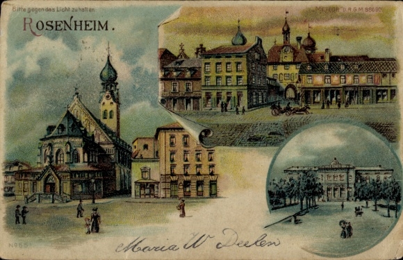 Backlighting, lithograph of Rosenheim, Upper Bavaria, church, city views