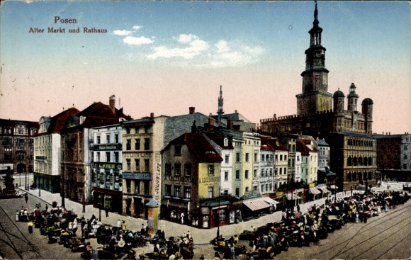 Postcard Poznań Posen, Old Market, Town Hall, People, 1919