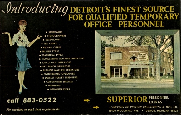 Postcard Detroit Michigan USA, Office Staffing Agency, Superior Personnel Extras