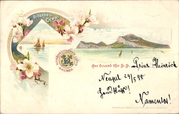 Lithograph of Capri, Naples, and Campania, Panorama, North German Lloyd Bremen, steamer SS prince Heinrich