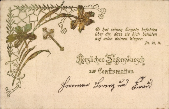 Embossing Postcard Congratulations Confirmation, Bible quote, He has commanded his angels..., Ps. 91,11
