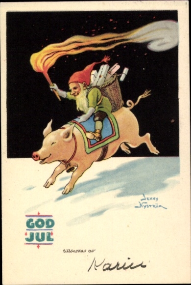 Artist Postcard Nyström, Jenny, Merry Christmas, dwarf with torch riding on a pig