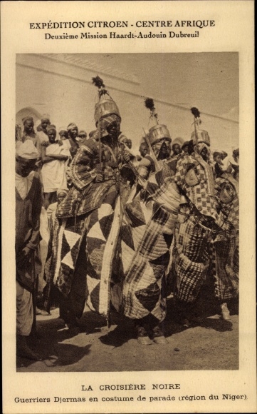 Postcard Niger, Djerma Warriors in parade costume, Citroen Expedition, Black Cruise, Haardt Audouin
