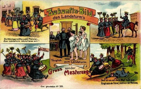 Postcard Women's Movement, Vision of the Future, Landsturm, Bivouac, Field Service, Alarm, Parade March