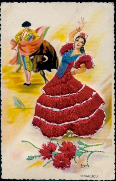 Silk embroidery artist Postcard Andalusia, woman in red dress, torero, bullfight