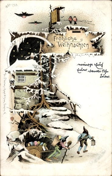 Lithograph Merry Christmas, gnomes with gifts, robins