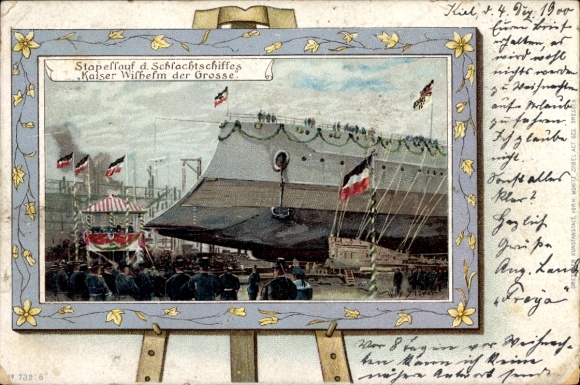Passepartout Postcard German warship, SMS Kaiser Wilhelm der Große, battleship, launching