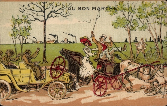 Artist Postcard Au bon Marché, carriage, automobile, accident