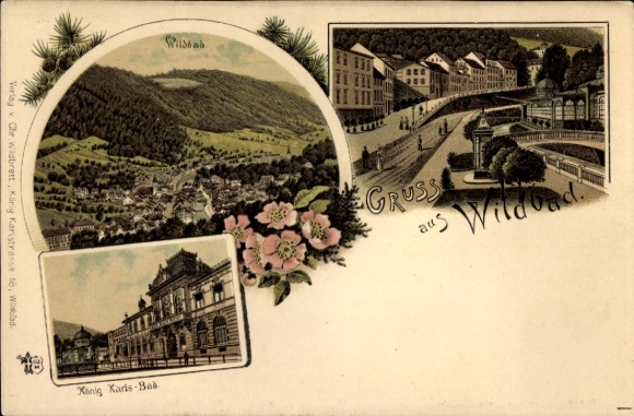 Lithograph of Bad Wildbad in the district of Calw, Baden-Württemberg, King Karl's Bath, street scene, panorama from the town