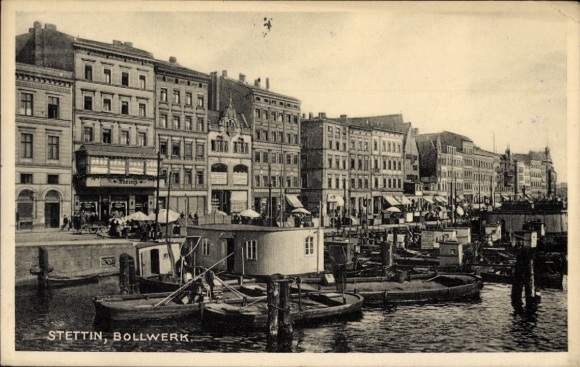 Postcard Szczecin Stettin Pomerania, bulwark, harbor view, boats, buildings