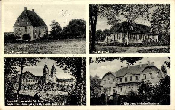 Postcard Billerbeck in Westphalia, The Kolvenburg, The Richthof, Benedictine Abbey of St. Joseph, Farmer's