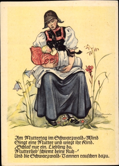 Artist Postcard Unrain Fischer, On Mother's Day in the Black Forest wind, a mother sings and rocks her child