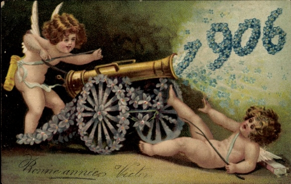 Embossed PC year 1906, angel, cannon, flowers
