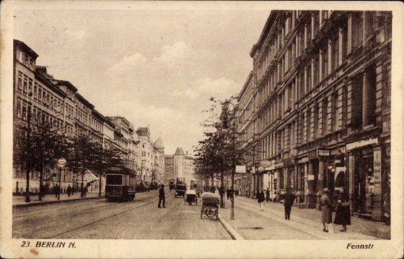 Postcard Berlin Wedding, Fennstraße, tram, shops