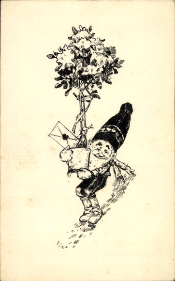 Artist Postcard Dwarf with potted plant, letter