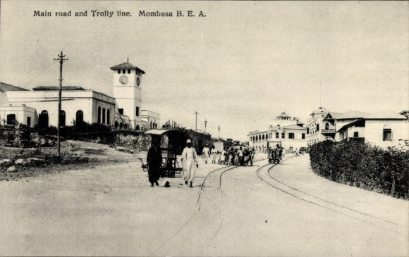 Postcard Mombasa Kenya, game on the main street, trolly line