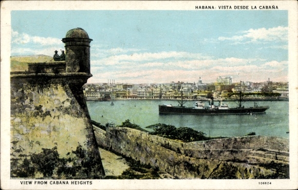 Postcard Havanna Habana Cuba, view from the cabaña, ship in the canal, tall buildings on the horizon