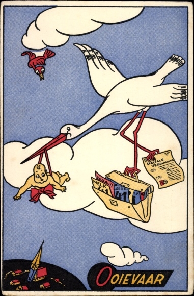 Postcard Ooievaar, Stork Brings Baby, Newborn