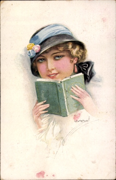 Artist Postcard Usabal, Luis, portrait of a woman reading a book