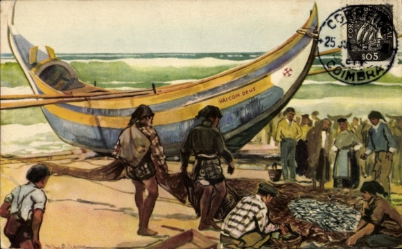 Artist Postcard Portugal, fishing boat on the beach, fishermen taking fish from the net