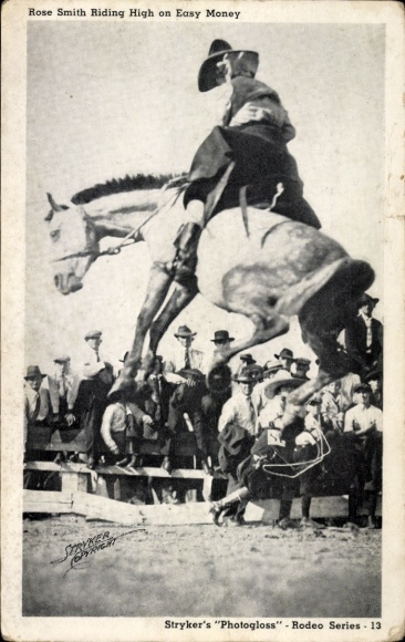 Postcard Rodeo Cowgirl Rose Smith rides horse Easy Money