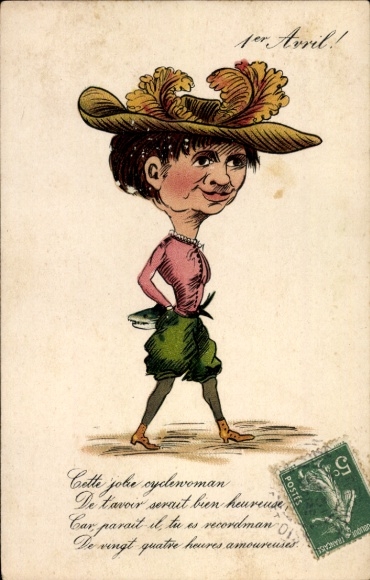 Postcard Congratulations April 1st, caricature of a woman, hat