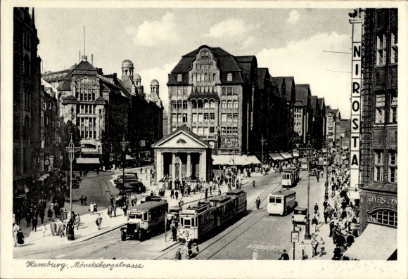 Postcard Hamburg, Mönckebergstraße, Tram 16, Nirosta advertising