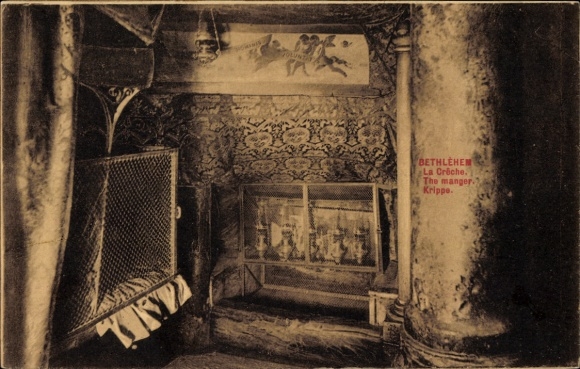 Postcard Bethlehem Palestine, view into the manger, room with columns, representation