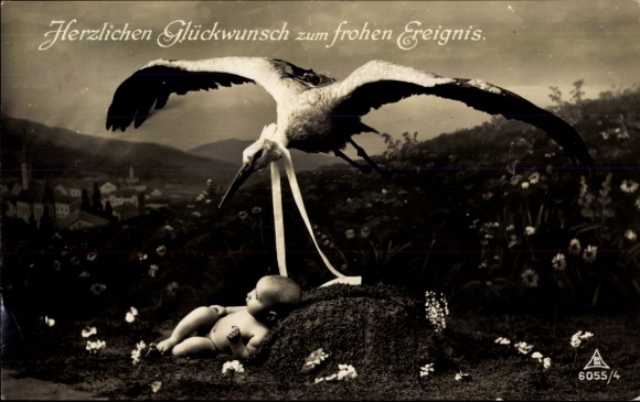 Postcard Congratulations Birth, Stork, Baby