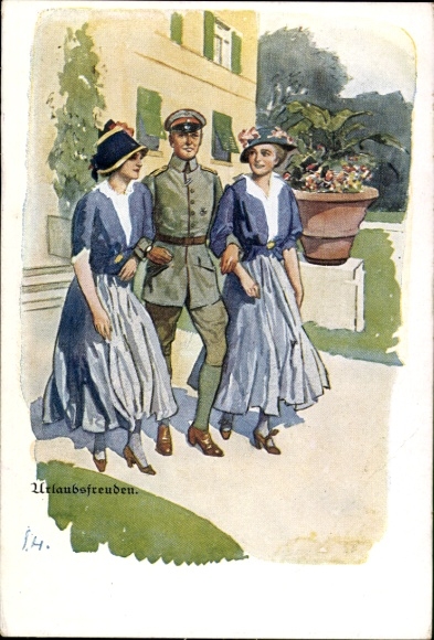 Artist Postcard Holiday Pleasures, German soldier with two young women