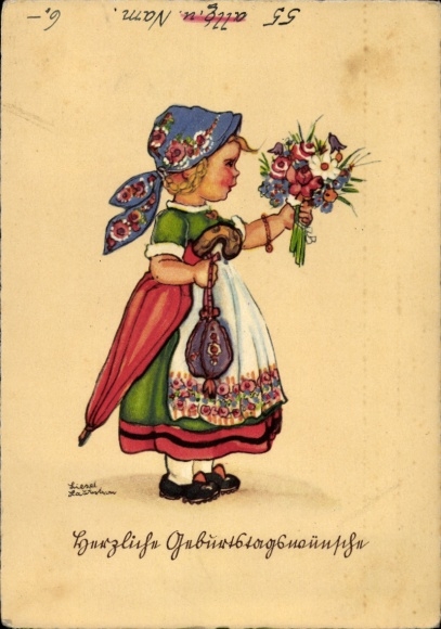 Artist Postcard Lauterborn, Liesel, Happy Birthday, Girl in traditional dress, Flowers