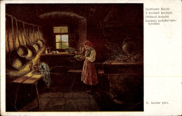 Artist Postcard Ascher, H., South Tyrolean cuisine