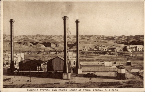 Postcard Iran, pumping station and power plant in Tembi, Persian oil fields
