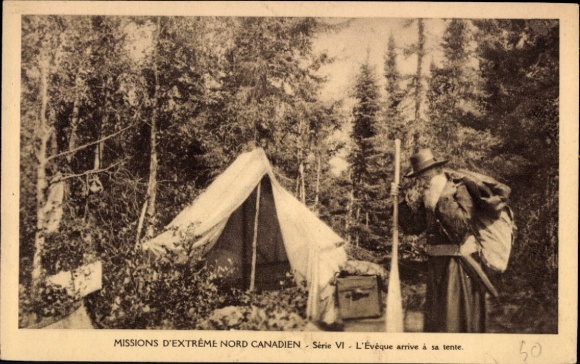 Postcard Missions d'Extreme Nord Canadien, l'Eveque arrive à sa tente, missionary