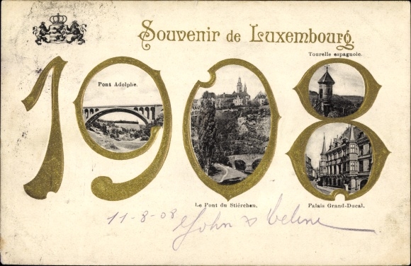 Embossed PC Luxembourg, year 1908, city views, Pont Adolphe, Tourelle espagnole