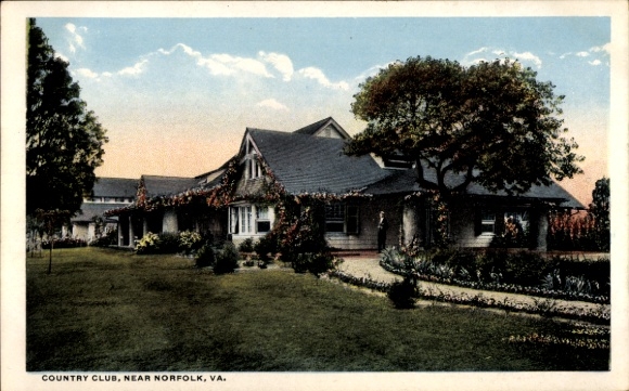 Postcard Norfolk Virginia USA, Country Club, large buildings, garden, sky with clouds