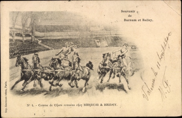 Postcard Circus Barnum & Bailey, Roman Chariot Race