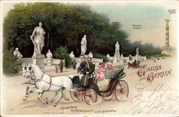 Lithograph Berlin Tiergarten, imperial couple's stroll along the Victory Avenue, statues, Victory Column