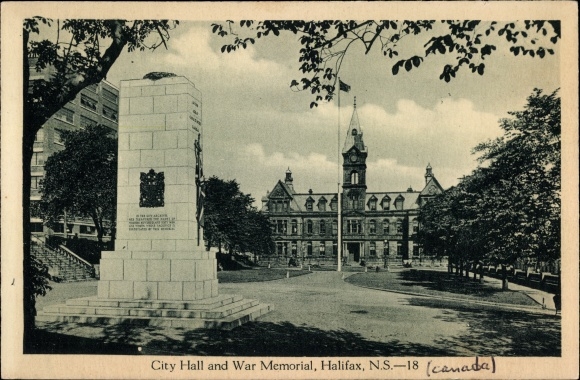 Postcard Halifax Nova Scotia Kanada, City Hall and War Memorial