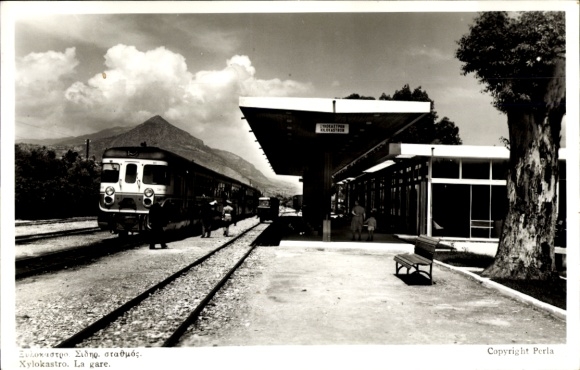 Postcard Xylokastro Greece, train station with train