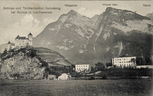 Postcard Balzers Liechtenstein, Schloss- und Töchterinstitut Gutenberg, Mittagspitze, Würzner Horn, Faknis
