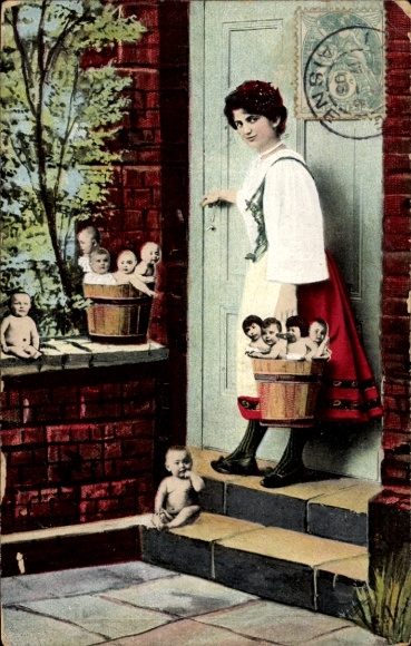 Postcard woman in traditional costume carrying bucket full of toddlers, photomontage