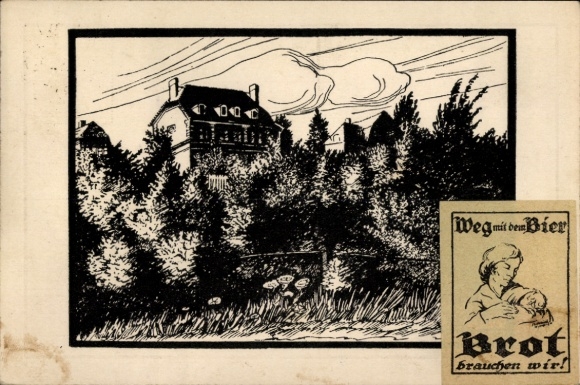 Artist Postcard Winz, Weißenfels an der Saale, Lodge house on the Kugelberg, Vignette Way with the beer